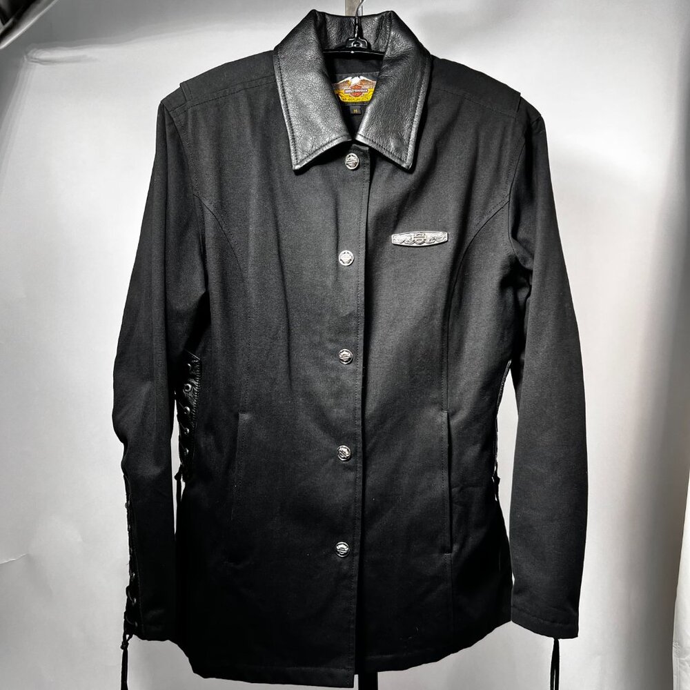 HARLEY DAVIDSON VTG Black Cotton Corseted‎ Button-Up Motorcycle Jacket Women's M